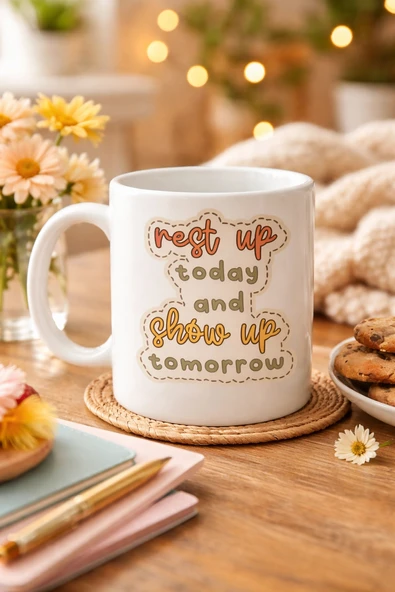 Motivasyon Mesajlı Porselen Kupa MODEL 146 – “Rest Up Today, Show Up Tomorrow” Yazılı – Kahve & Çay Kupası – Hediye Fikr