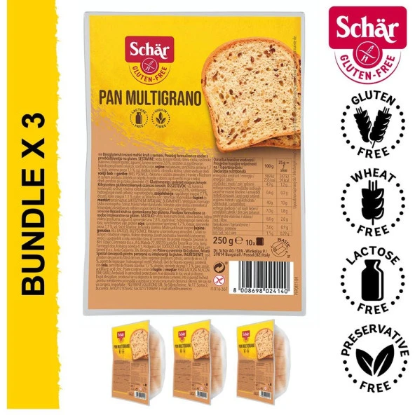 Schar Pan Multigrano Glutensiz Keten Tohumu, Darı ve Ayçekirdekli Ekmek 250 gr 3 Adet