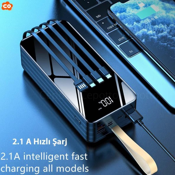 50.000 mAh 2.1A Powerbank Dijital Göstergeli Led Fenerli Kendinden Kablolu Bileklikli Powerbank - 2