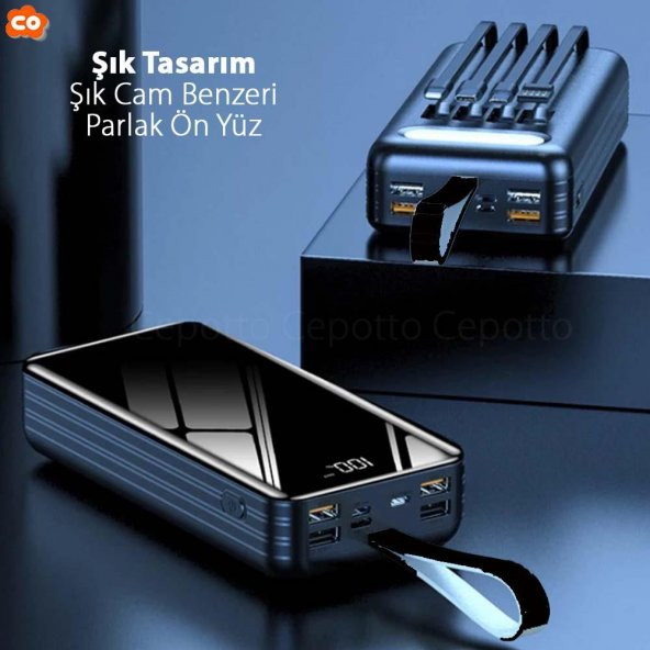 50.000 mAh 2.1A Powerbank Dijital Göstergeli Led Fenerli Kendinden Kablolu Bileklikli Powerbank - 4