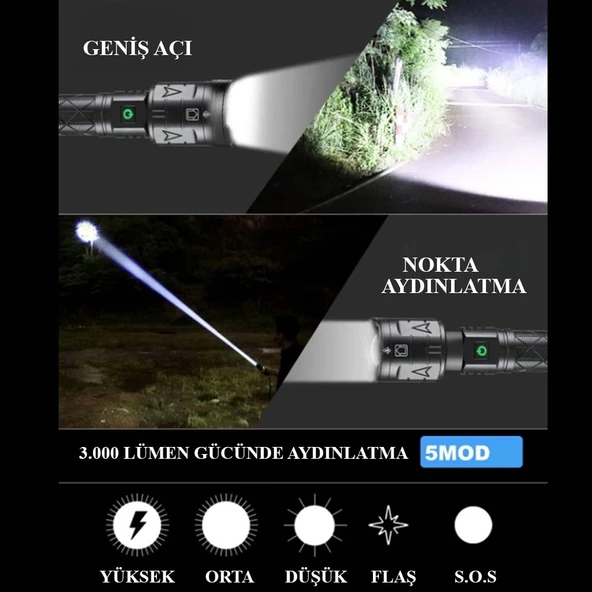 3000 Lümen Güçlü El Feneri̇ Watton Wt-604