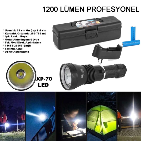 1200 Lümen Profesyonel Şarjli El Feneri̇ Watton Wt-655