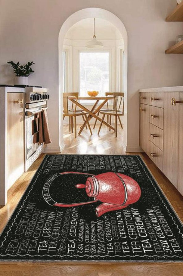 Kustulli Kırmızı Siyah Çaydanlık Desenli Yıkanabilir Kaymaz Taban Mutfak Halısı Kitchen-7044  Renkli 75x200