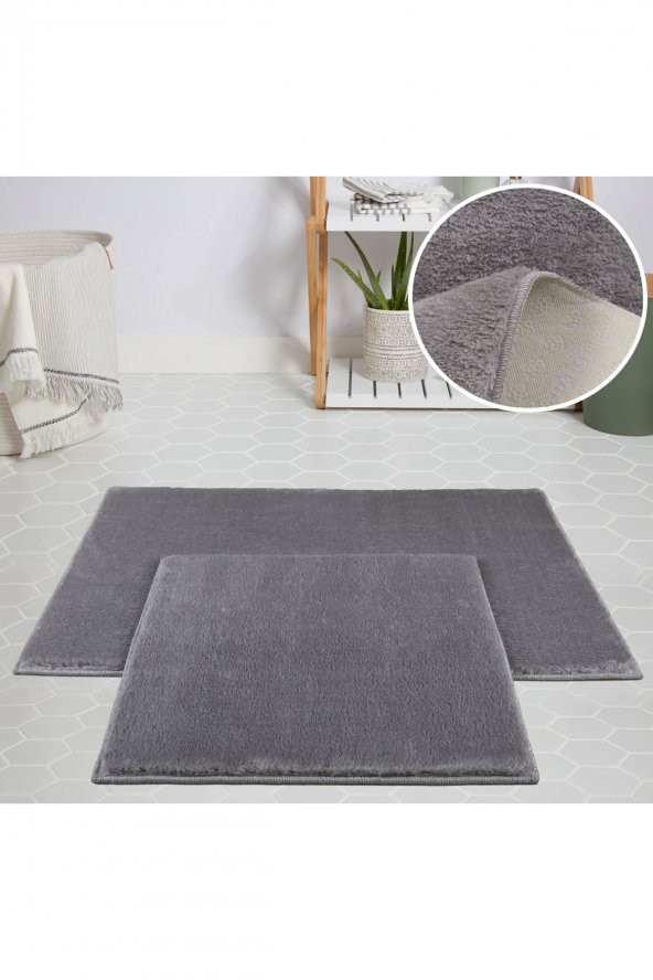 My Evilla Modern Dekoratif Halı Jel Kaymaz Taban Peluş Açık Gri Paspas Takımı 50x80