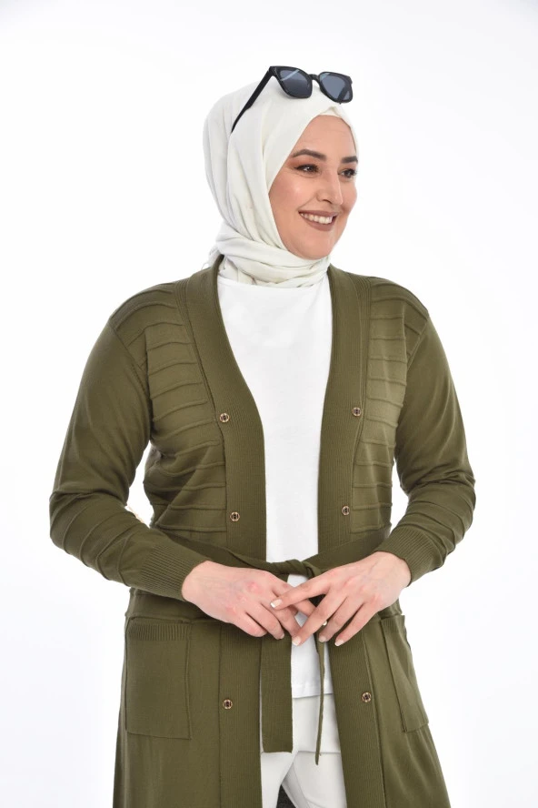 Kadın Triko Uzun Hırka Cepli V Yaka - 2