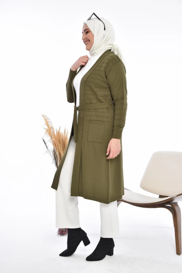 Kadın Triko Uzun Hırka Cepli V Yaka - 3