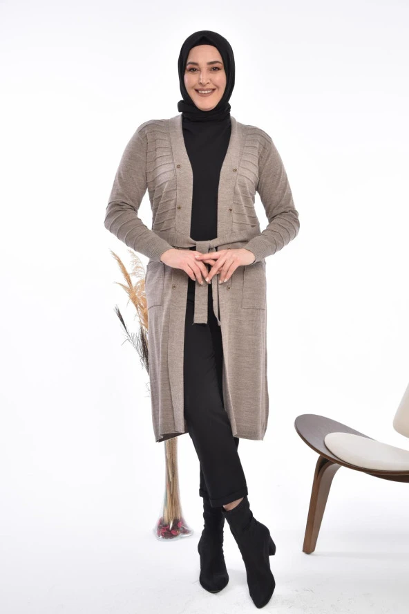 Kadın Triko Uzun Hırka Cepli V Yaka - 7