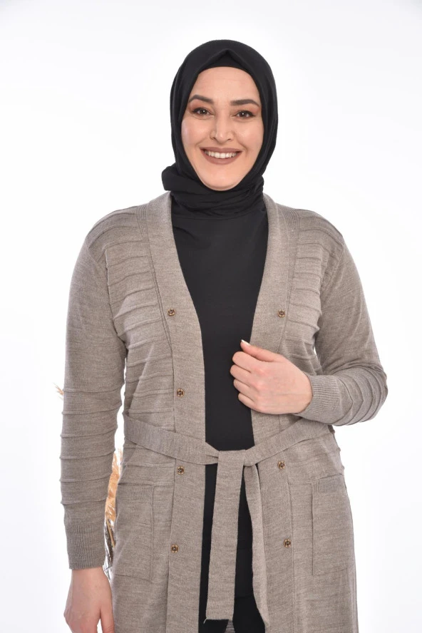 Kadın Triko Uzun Hırka Cepli V Yaka - 8