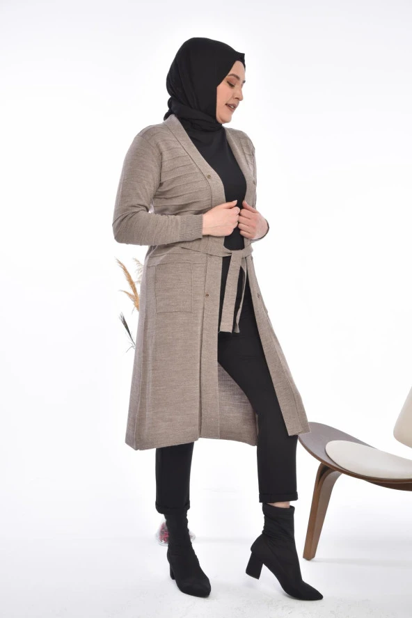 Kadın Triko Uzun Hırka Cepli V Yaka - 9