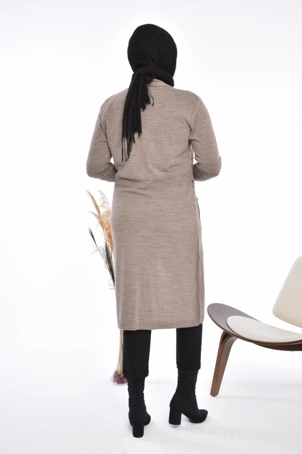 Kadın Triko Uzun Hırka Cepli V Yaka - 10