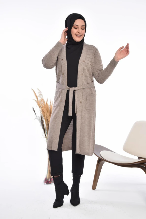 Kadın Triko Uzun Hırka Cepli V Yaka - 11