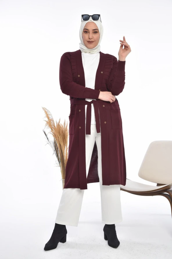 Kadın Triko Uzun Hırka Cepli V Yaka - 12