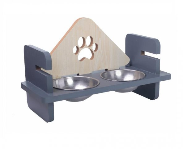 Woodylife Ahşap Başlıklı Üçgen Pati Desenli Yüksekliği Ayarlanan Kedi ve Köpek Mama ve Su Kabı Çelik Kaseli - 3
