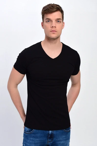 Dynamo  Erkek Basic Likralı V-Yaka T-shirt  - T-339