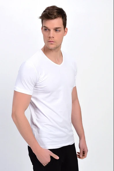 Dynamo  Erkek Basic Likralı V-Yaka T-shirt  - T-339 - Resim 3