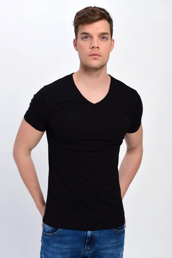 Dynamo  Erkek Basic Likralı V-Yaka T-shirt  - T-339