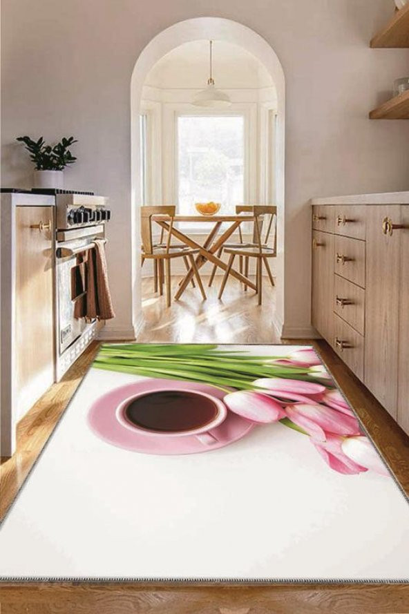 Kustulli Pembe Lale Fincanlı Desenli Yıkanabilir Kaymaz Taban Mutfak Halısı Kitchen-7063  Renkli 150x230