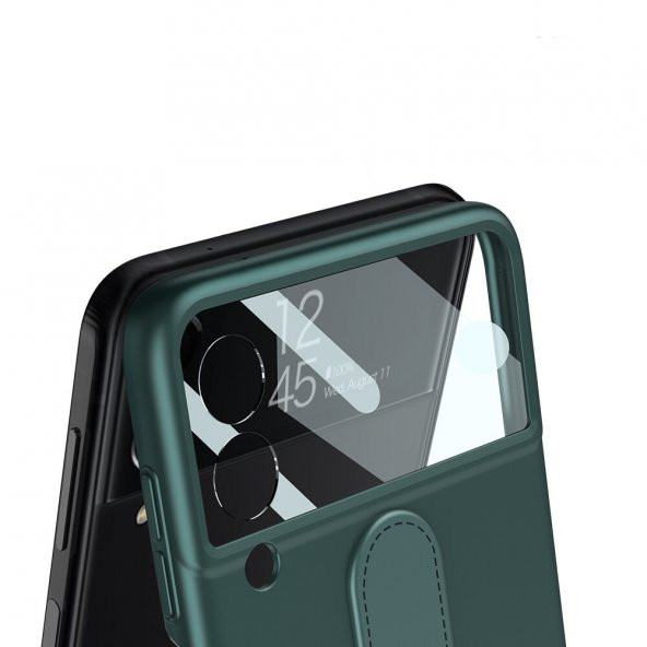 KNY Samsung Galaxy Z Flip 3 Kılıf Yüzüklü Renkli Kipta Kapak Siyah - 3