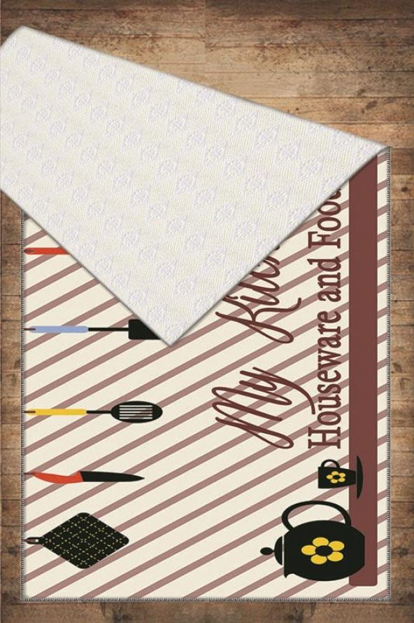 Kustulli Mutfak Gereçleri Desenli Yıkanabilir Kaymaz Taban Mutfak Halısı Kitchen-7065  Renkli 150x230 - 3