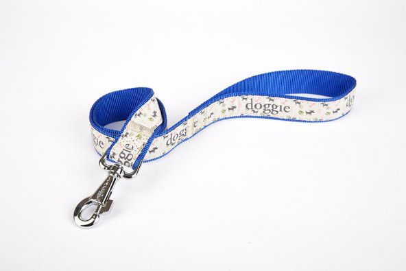 Doggie Desenli Süslü Dokuma Köpek Gezdirme Kayışı  El Yapımı 3 x 100 cm Mavi