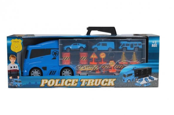 King Toys 3 Mini Araç ve Trafik Levhalı Taşıyıcı Kamyon Mavi LAL 2015