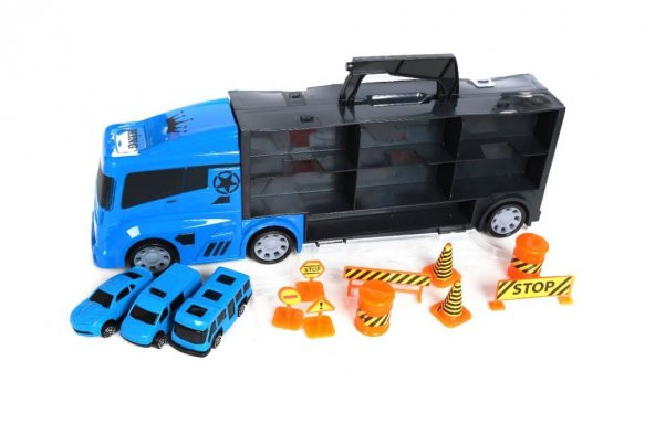 King Toys 3 Mini Araç ve Trafik Levhalı Taşıyıcı Kamyon Mavi LAL 2015 - 2