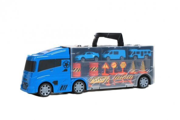King Toys 3 Mini Araç ve Trafik Levhalı Taşıyıcı Kamyon Mavi LAL 2015 - 6