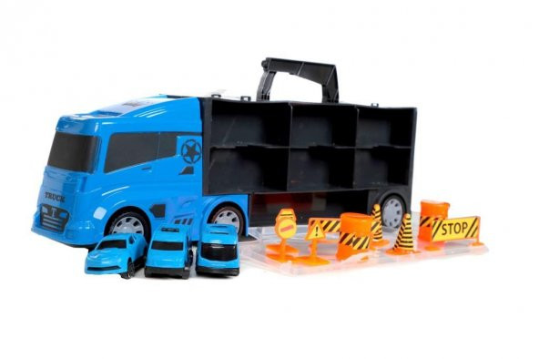 King Toys 3 Mini Araç ve Trafik Levhalı Taşıyıcı Kamyon Mavi LAL 2015 - 8