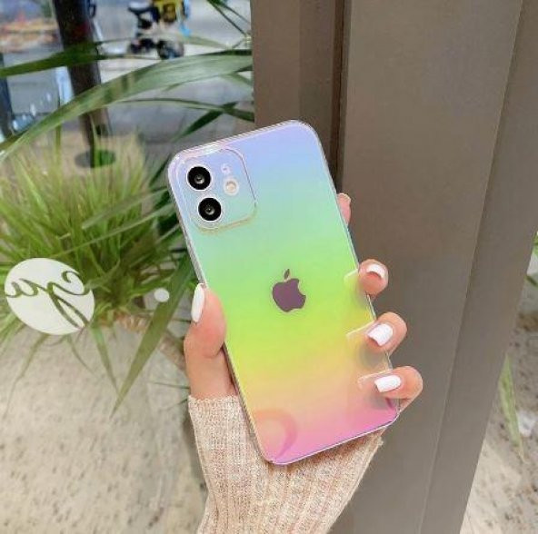 iPhone 12 Pro Max Parlak Rainbow Holografik Kamera Korumalı Sert Kılıf