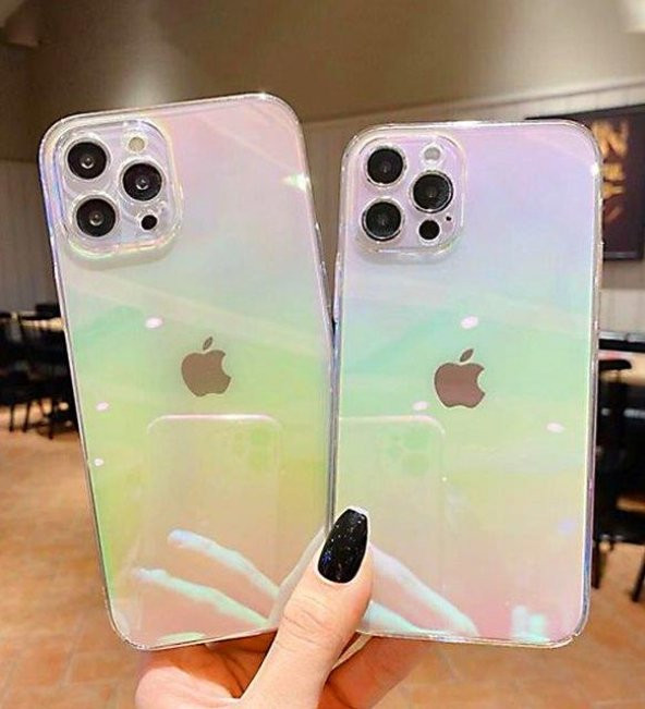 iPhone 12 Pro Max Parlak Rainbow Holografik Kamera Korumalı Sert Kılıf - 3