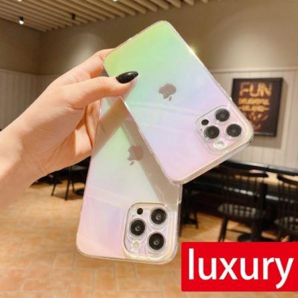 iPhone 12 Pro Max Parlak Rainbow Holografik Kamera Korumalı Sert Kılıf - 4