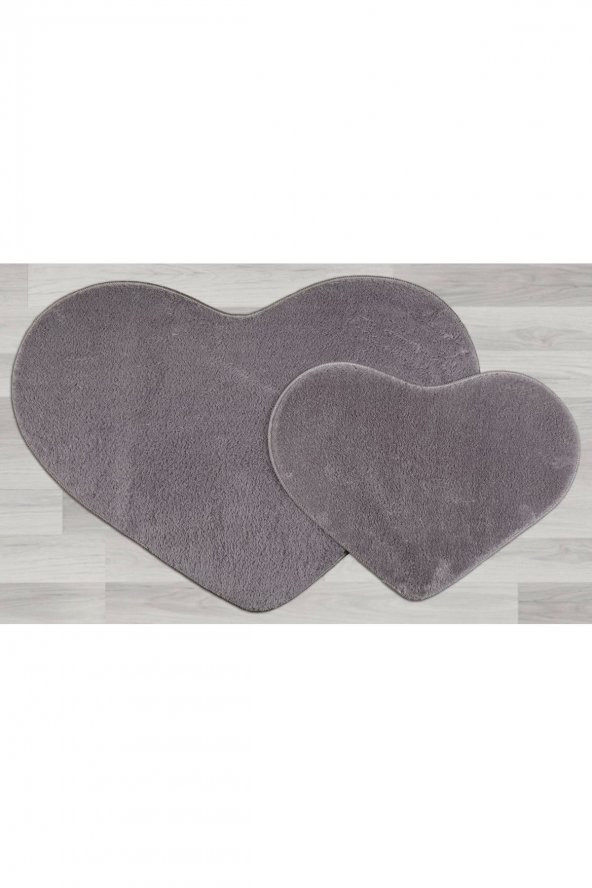 My Evilla Modern Dekoratif Halı Jel Kaymaz Taban Peluş Puffy Kalp Model Gri Paspas Takımı 70x100-70x60 - 5