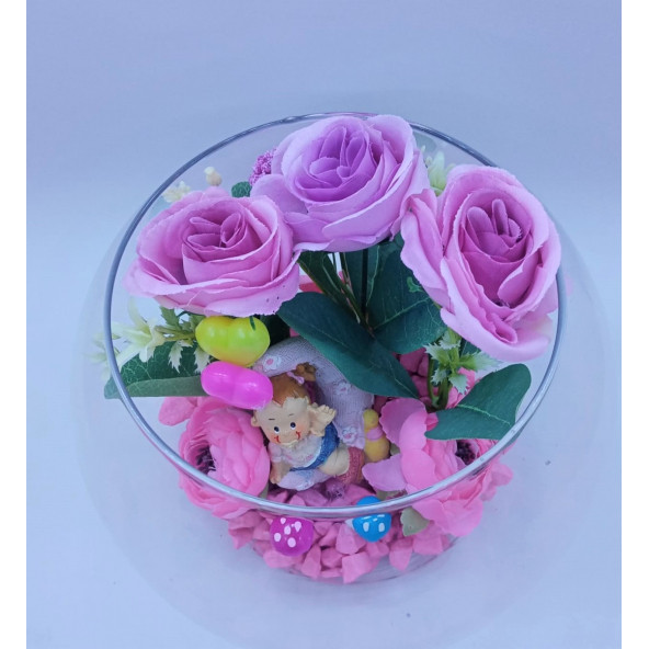 Kız Bebek Yeni Doğan Doğum Tebrik Hediyesi Minik Meleğim Cam Teraryum - Resim 4