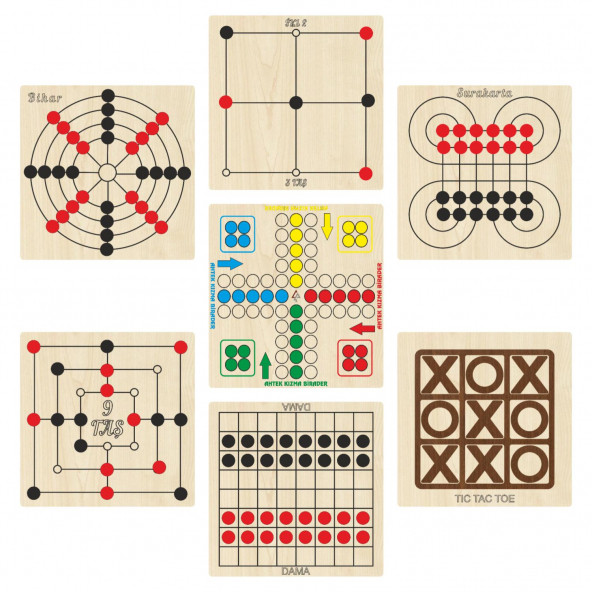 Ahşap Zeka ve Strateji Oyun Seti 7 li, Kızma Birader+Dama+3 Taş+9 Taş+Bihar+Surakarta ve Tic-Tac-Toe