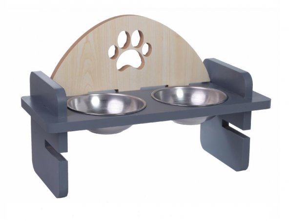 Woodylife Ahşap Başlıklı Oval Pati Desenli Yüksekliği Ayarlanan Kedi ve Köpek Mama ve Su Kabı Çelik Kaseli - 2