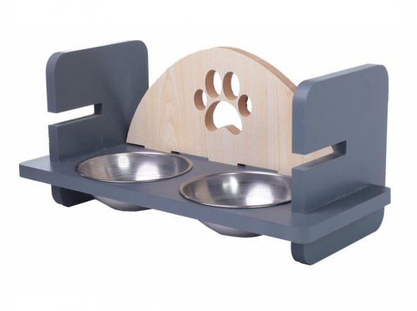 Woodylife Ahşap Başlıklı Oval Pati Desenli Yüksekliği Ayarlanan Kedi ve Köpek Mama ve Su Kabı Çelik Kaseli - 3