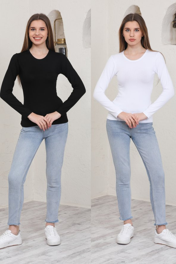 Irk İkili Siyah-Beyaz Bisiklet Yaka Penye Kadın Body - 2