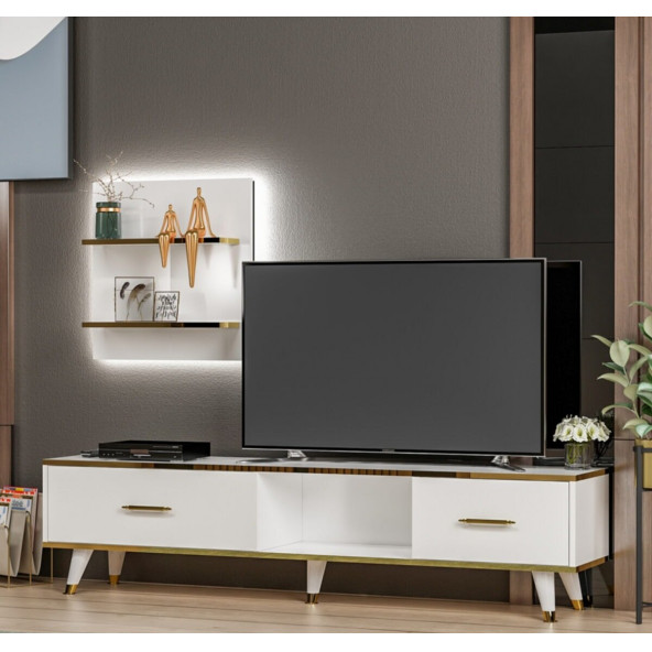 BMdekor TV Ünitesi Aren Beyaz Gold Ledli 180 cm - 2
