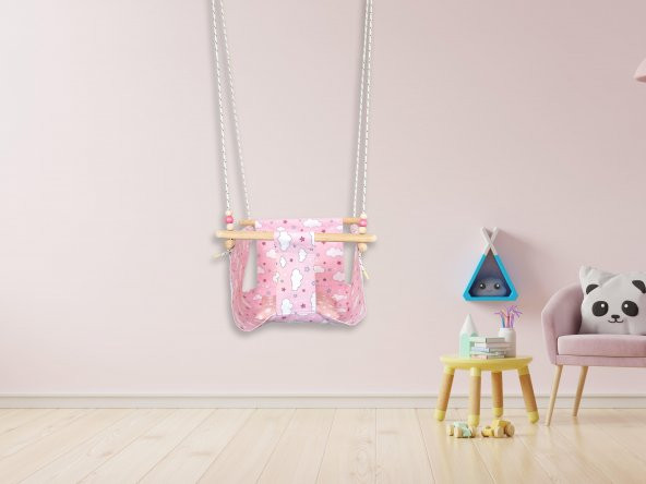 Ahşap Salıncak Bebek ve Çocuk Salıncağı Hamak Beşik Pembe Bulutlu Model - 2
