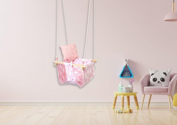 Ahşap Salıncak Bebek ve Çocuk Salıncağı Hamak Beşik Pembe Bulutlu Model - 3