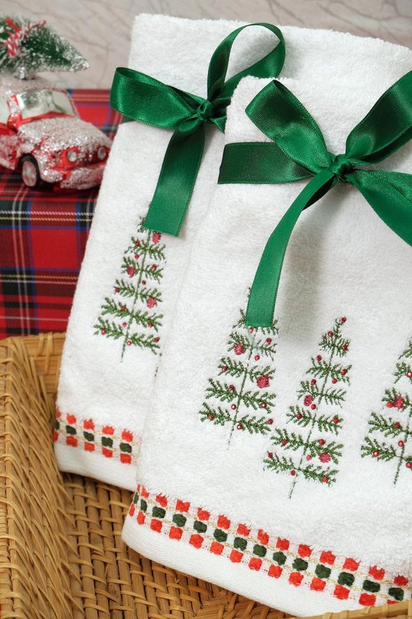 2li Beyaz Taşlı Çam Ağacı İşlemeli Yılbaşı Havlusu - 2