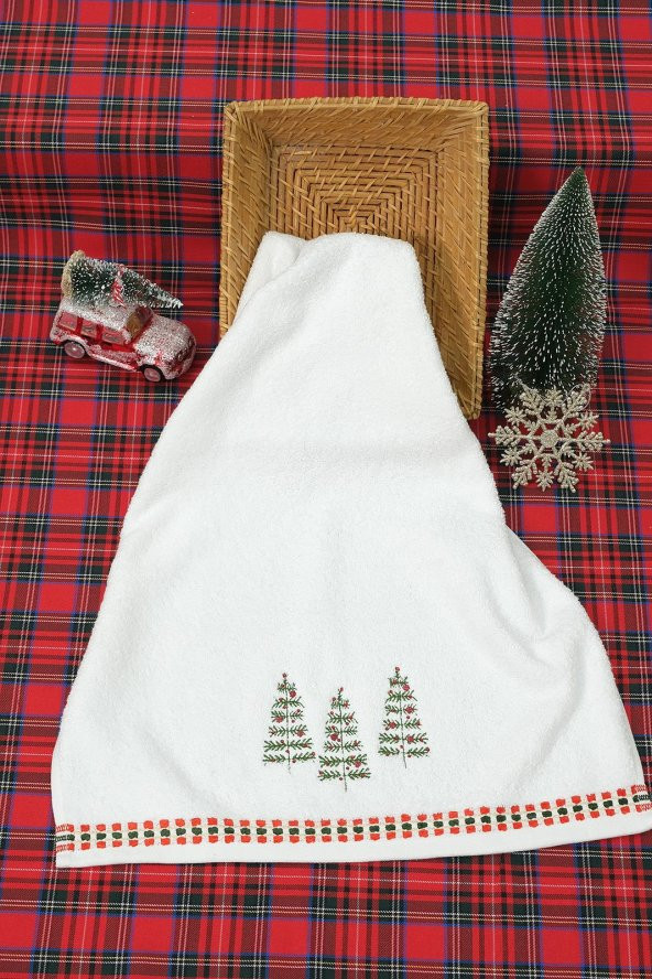 2li Beyaz Taşlı Çam Ağacı İşlemeli Yılbaşı Havlusu - 3
