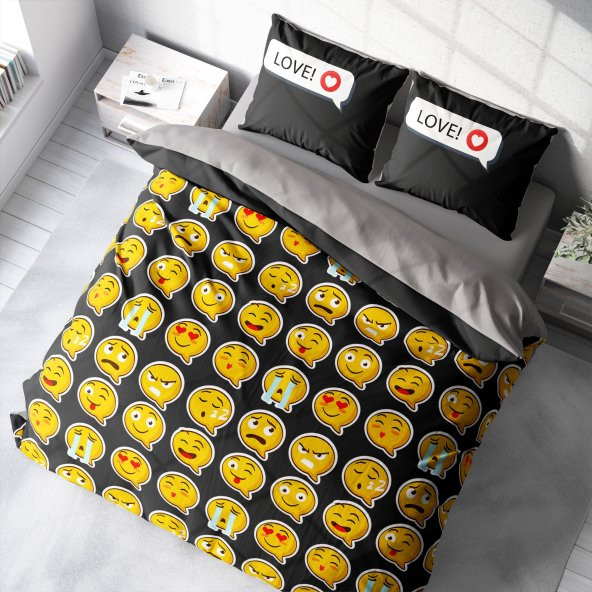 MonoHome I Love Emoji 3D Pamuk Saten Çift Kişilik Nevresim Takımı