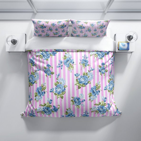 Cattleya BlueLine 3D Pamuk Saten Çift Kişilik Nevresim Takımı - 3