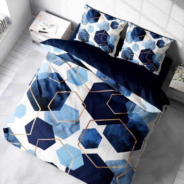 MonoHome Blue Hexagon 3D Pamuk Saten Çift Kişilik Nevresim Takımı
