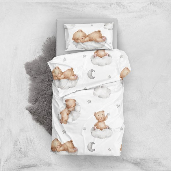 MonoHome Sleeping Teddy Bear 3D Pamuk Saten Bebek Nevresim Takımı