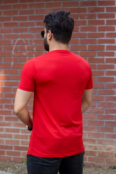Kırmızı Basic Rahat İnce Petek Kumaş Spor Erkek Tshirt 22ETSHPORT - 8