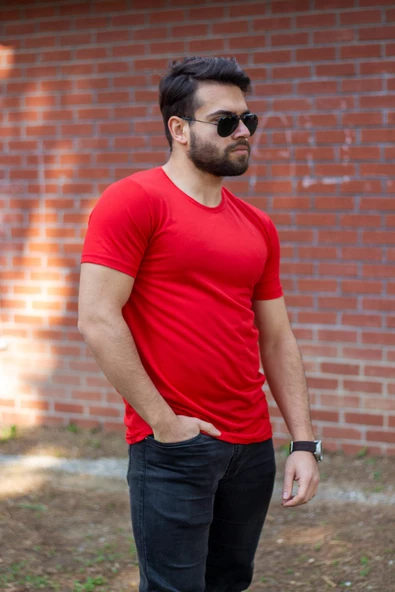 Kırmızı Basic Rahat İnce Petek Kumaş Spor Erkek Tshirt 22ETSHPORT - 6
