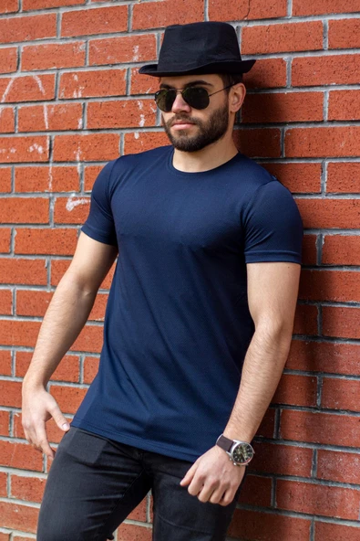 Lacivert Basic Rahat İnce Petek Kumaş Spor Erkek Tshirt 22ETSHPORT - 7