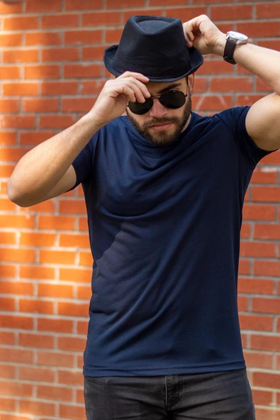 Lacivert Basic Rahat İnce Petek Kumaş Spor Erkek Tshirt 22ETSHPORT - 4